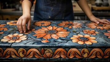 uma cozinha contador ser transformado com uma um de cada tipo lado a lado Projeto incorporando delicado floral motivos e negrito cores para uma verdadeiramente único e artístico toque foto