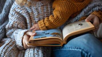 uma pai abraço com seus criança em uma acolhedor sofá lendo uma crianças livro juntos foto