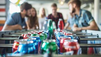 uma grupo do amigos jogando uma competitivo jogos do pebolim cercado de refrigerante latas e água garrafas em vez de do Cerveja garrafas foto