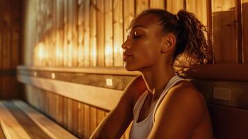 uma profissional corredor descansos dela cabeça em a costas do a sauna Banco dela olhos fechadas dentro uma Estado do completo relaxamento Como a infravermelho calor trates dela músculos. foto