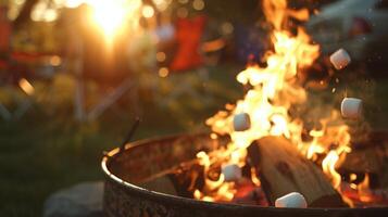 Como a Sol começa para conjunto a grupo reúne por aí uma pequeno fogo Cova assar marshmallows para uma doce tratar para fim a sóbrio porta traseira festa em uma Alto Nota foto