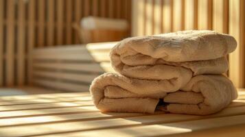 dentro a canto do a sauna uma pilha do caloroso toalhas espera a Próximo Novo mãe para embrulho ela mesma dentro depois de dela rejuvenescedor sessão. foto