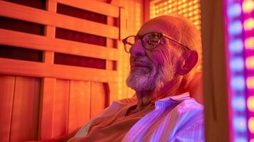 a infravermelho sauna equipado com cromoterapia luzes em torno da a Mais velho homem Como ele goza a dual benefícios do cor terapia e artrite dor alívio. foto
