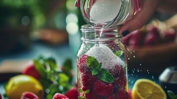 uma fechar-se do uma mão derramando açúcar para dentro uma vidro garrafa preenchidas com fruta e ervas foto