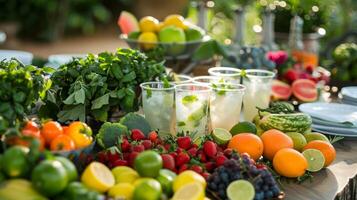 uma mesa é conjunto acima com a matriz do fresco frutas e ervas pronto para estar usava dentro a mocktail criações foto