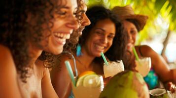 uma grupo do amigos desfrutando coco água a partir de real cocos às uma tema tropical impedir foto