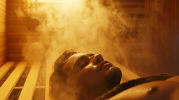 uma pessoa deitado baixa dentro a sauna olhos fechadas e uma conteúdo expressão em seus face Como elas deixei a calor e vapor trabalhos Está Magia em seus ressaca. foto