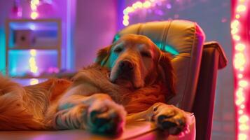 uma dourado retriever deitado costas dentro uma pelúcia pedicure cadeira obtendo Está unhas aparado e pintado com brilhante polonês foto