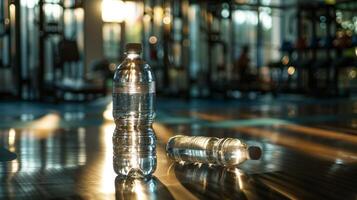 uma garrafa do água senta Próximo para a atleta provável usava para reabastecimento fluidos perdido durante seus exercite-se e sauna sessão. foto