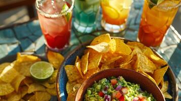 uma tigela do salgadinhos e guacamole em uma café mesa acompanhado de uma variedade do não alcoólico bebidas Incluindo suco refrigerante e mocktails foto