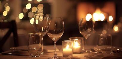 a suave brilho do a lareira conjuntos uma romântico tom perfeito para íntimo jantares com Amado uns. 2d plano desenho animado foto