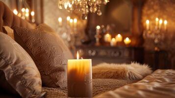 uma luxuoso quarto dd dentro pelúcia tecidos iluminado de uma espumante lustre e uma trio do perfumado velas foto
