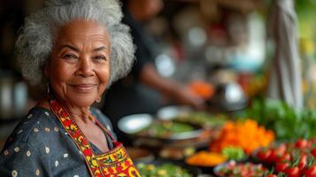 uma Senior mulher mostra fora dela culinária Habilidades Como ela serve acima uma colorida matriz do à base de plantas pratos dando dela amigos uma batida curso dentro saudável e delicioso comendo foto