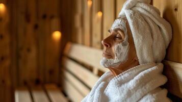 uma meia idade mulher relaxante em uma de madeira Banco dentro a sauna embrulhado dentro uma branco toalha e uma lama mascarar em dela face. foto