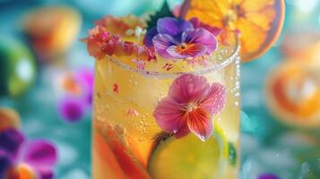 vibrante e colorida beber guarnições a partir de comestível flores para exótico frutas e delicadamente citrino cunhas foto