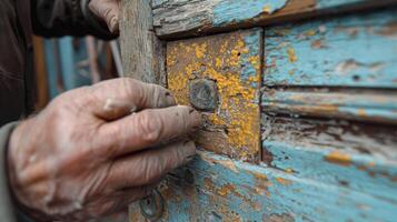 uma detalhado tiro do uma vintage porta passando por reparos Como a carpinteiro cuidadosamente substitui estragado Seções com Novo peças do madeira foto