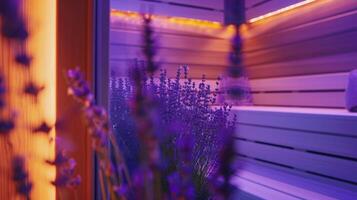 uma calmante imagem do uma com aroma de lavanda infravermelho sauna promovendo relaxamento e pele saúde. foto