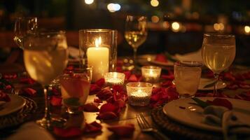 uma luz de velas jantar mesa adornado com não alcoólico bebidas e rosa pétalas foto