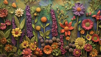 uma Series do argila parede enforcamentos representando vários flores e plantas encontrado dentro uma selvagem Prado exibindo a vibrante cores e texturas do natureza. foto