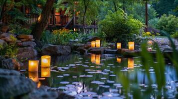 a suave brilho do a velas reflete fora uma pequeno lagoa perto realçando a sereno e tranquilo ambiente. 2d plano desenho animado foto