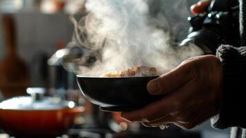 uma par do mãos segurando uma Câmera capturando a vapor Aumentar a partir de uma vapor tigela do y Curry pronto para estar fotografado foto