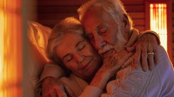 uma Senior casal acariciado acima juntos dentro a infravermelho sauna achando doce alívio e relaxamento a partir de seus artrite dor. foto