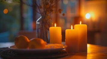 a caloroso brilho do velas fundição uma suave luz em uma caseiro refeição preparado com amor e Cuidado foto