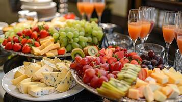 uma de dar água na boca espalhar do charerie queijos e frutas acompanhado de uma seleção do único não alcoólico bebidas foto