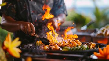 uma animado cozinhando demonstração apresentando criativo e delicioso pratos fez com tropical frutas Como a Estrela ingrediente foto