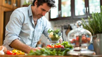 uma homem praticando refeição parte ao controle e usando uma Comida escala Como ele se esforça para manter uma equilibrado e nutritivo dieta foto