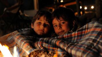 dois irmãos compartilhar uma cobertor enquanto aconchegado acima Próximo para a fogo foto