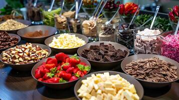 uma exibição mesa preenchidas com a sortimento do colorida coberturas e ingredientes para a participantes para usar dentro criando seus próprio único chocolates foto