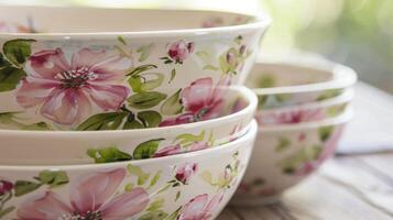 uma conjunto do aninhamento mistura taças com pintado à mão floral desenhos cada tigela variando dentro Tamanho para acomodar diferente receitas. foto