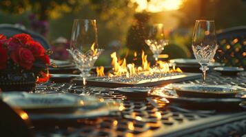 a elegante ao ar livre jantar festa é melhorada de a caloroso e convidativo atmosfera criada de a fogo mesa. 2d plano desenho animado foto