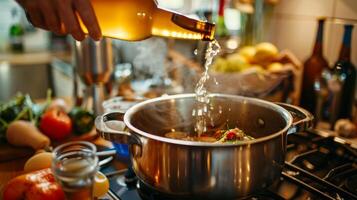 uma pessoa derramando uma Cerveja garrafa para dentro uma Panela em a fogão enquanto preparando uma saboroso não alcoólico beber para uma feriado jantar festa foto