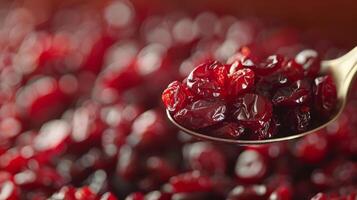 uma colher do roliço suculento seco cranberries perfeito para adicionando uma rebentar do azedo Doçura para seu café da manhã pães e aveia biscoitos foto