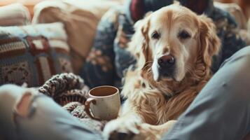 uma dourado retriever sentado às a pés do Está proprietário ambos desfrutando uma quieto manhã momento com uma copo do café e uma mastigar brinquedo foto