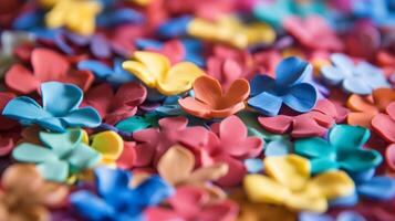 uma colorida matriz do argila flor pétalas tered em uma mesa esperando para estar usava dentro uma caprichoso argila animação cena. foto