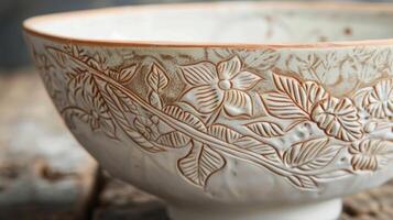 uma carimbado à mão cerâmica tigela com a fabricantes assinatura adornado com intrincado botânico projetos. foto