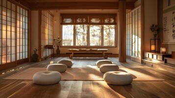 a caloroso e convidativo ambiente do a zen meditação quarto evoca uma sentido do conforto e serenidade fazer isto a ideal espaço para atento prática. 2d plano desenho animado foto