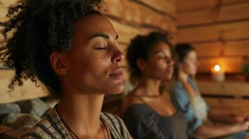 uma grupo do amigos meditar dentro uma sauna Como elas comparecer uma oficina em a integração do respiração e sauna terapia para estresse redução. foto