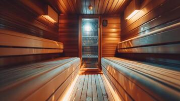 uma lindo de madeira interior e confortável bancos dentro a infravermelho sauna criando uma pacífico e calmante atmosfera. foto