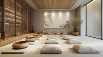 uma calmante e zen meditação quarto apresentando uma acolchoado chão natural madeira acentos e sereno obra de arte para encorajar atenção e relaxamento foto