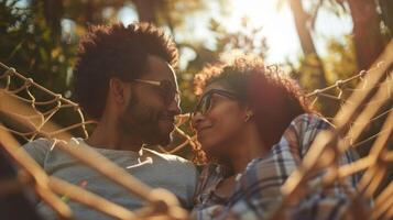 uma casal dentro uma acolhedor maca olhando para dentro cada outras olhos e desfrutando a caloroso brilho do sol foto