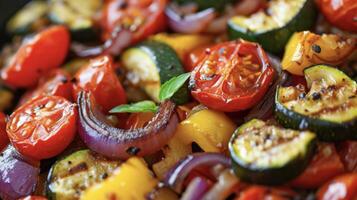 concurso pedaços do abobrinha Berinjela e Sino pimentas misturar-se com suculento cereja tomates e caramelizado cebolas dentro isto lareira Ratatouille. a perfeito conforto Comida para guerra foto