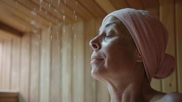 uma Câncer paciente dentro uma Estado do profundo relaxamento goza a benefícios do a sauna enquanto praticando guiado meditação para ajuda dentro seus cura jornada. foto