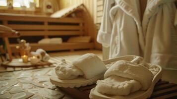 luxuoso roupões de banho e chinelos esperando para convidados para vestem depois de seus sauna sessão. foto