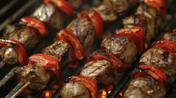 uma festa para a sentidos esses flamejante kebabs chiar em a grade revelador concurso s do carne e carbonizado legumes todos adornado com fogosa vermelho pimentas foto