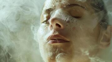 uma mulher engolido dentro vapor sentindo-me a calor tratando dela músculos e articulações. foto