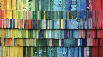uma coleção do descartado livros transformado para dentro uma caprichoso estante de livros com a espinhos formando uma colorida mosaico padronizar foto